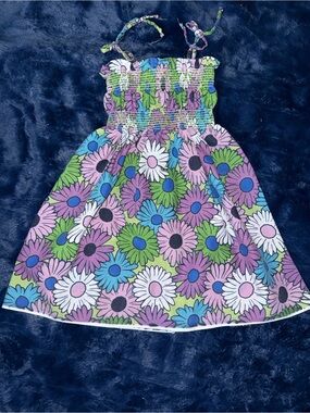 4-5T VTG Homemade Girls Floral Smocked Halter Sundress Green Blue Daisy Print